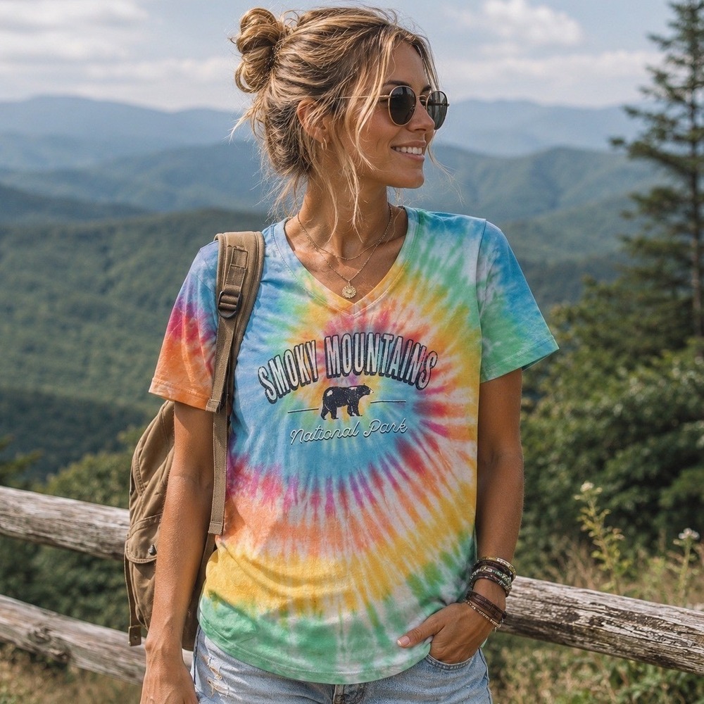 Smoky Mountains National Park Bear Rainbow Tie Dye V-Neck T-Shirt Women's Medium